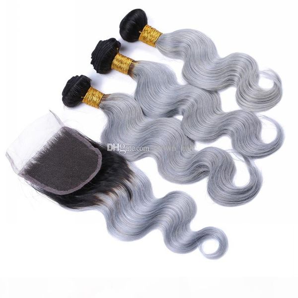 

new arrival #1b grey human hair lace closure with brazilian hair weaves body wave silver grey ombre hair bundles 4pcs lot, Black