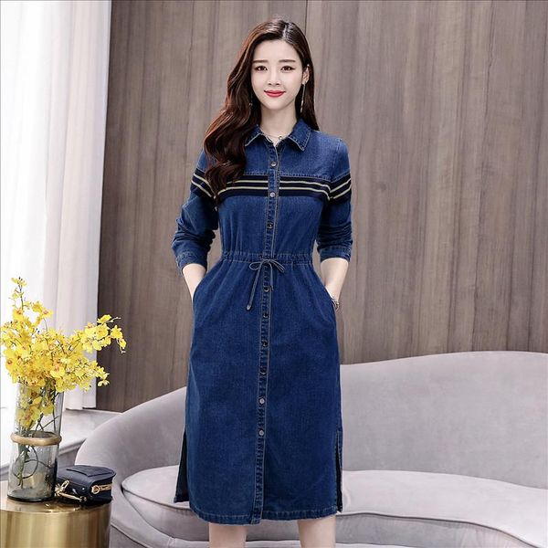 

new fashion female autumn dress woman dresses casual 2xl denim dress vintage jeans dresses long sleeves blue dress vestidos, Black;gray