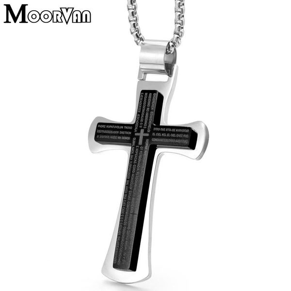 

pendant necklaces moorvan biblical double cross necklace jesus prayer ornaments men stainless steel multi color selection jewelry vp408, Silver