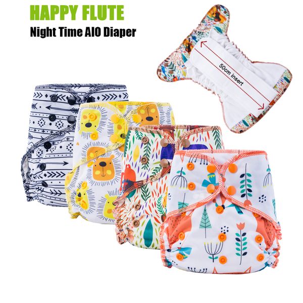 

5pcs happy flute organic bamboo cotton night use aio cloth diaper heavy wetter over night baby diapers fit 3-15kg baby 201117