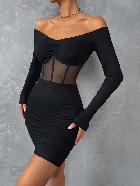 

off shoulder mesh panel bodycon dress she, Black;gray