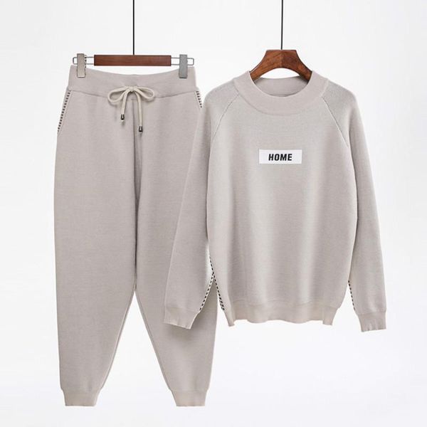 

women's sets 2020 autumn winter woolen and cashmere knitted warm suit o-neck sweater + harem pants loose style two-piece sets, Gray