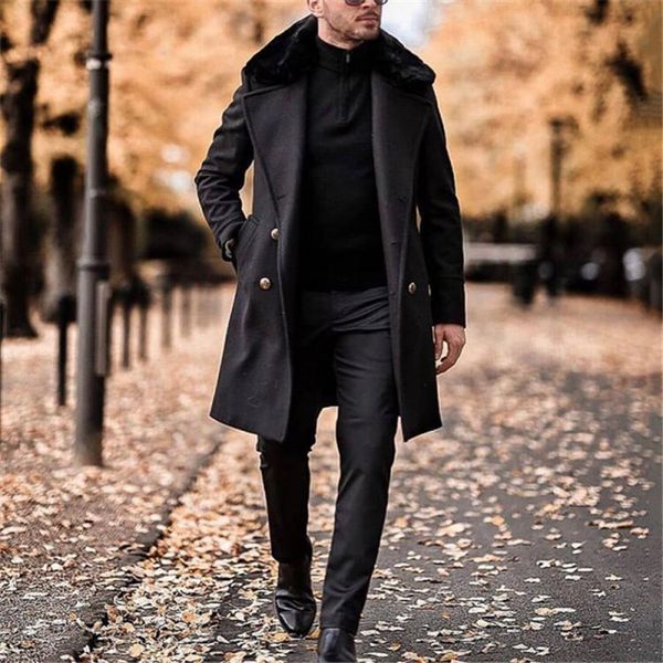 

long coat woolen men fured collar overcoat casual slim fit wool blend outerwear jackets coat thick windbreaker manteau 2021, Black