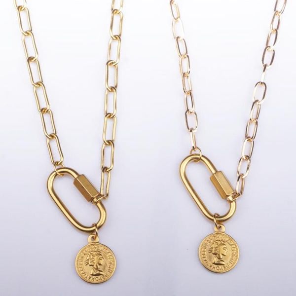 

gold stainless steel carabiner coin chunky necklaces statement necklace metal heavy chain spiral clasps carabiner choker collar, Silver