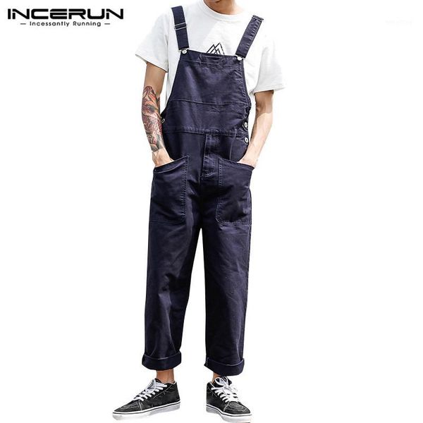 

incerun fashion men jumpsuits joggers streetwear solid bib pants multi pockets 2020 casual straps mens cargo overalls plus size1, Black