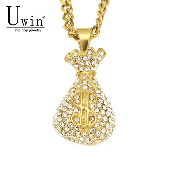 

uwin stainless steel dollar sign purse gold coins money bag pendant with rhinestone charms iced out necklace hip hop 201014, Silver