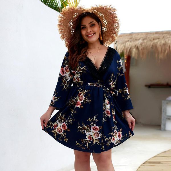 

2021 summer plus size women's dress deep v-neck bohemian printed nine-point sleeve lace dress ladies party a-line dress, Black;gray