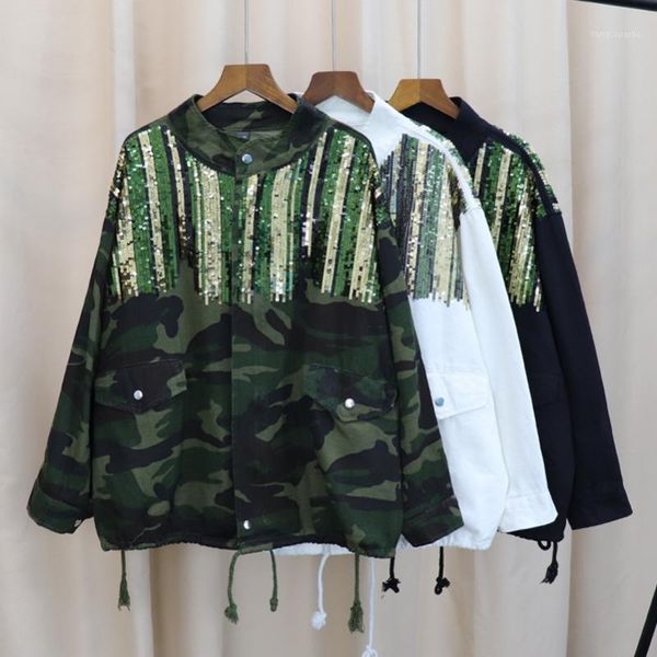 

2019 fashion the new loose heavy color sequins waist slim standing collar windbreaker, Tan;black