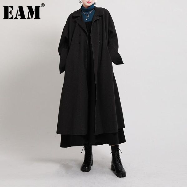 

eam] loose fit black big size long woolen coat parkas new lapel long sleeve women fashion tide autumn winter 2021 1dd21551