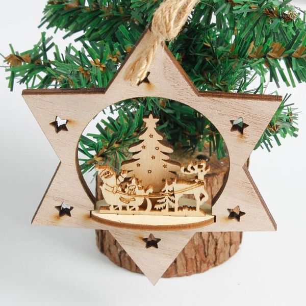 Decorações de Natal 3 PCs European Hollow Snowflakes Pingentes de madeira Pingentes de árvore rústica Ornamento Decoração de festa em casa Dropship /D1