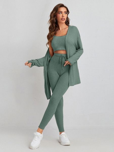 

waffle knit tank and leggings set with coat b9mk#, White