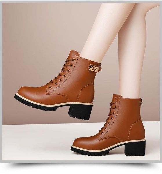 

fashion round toe ankle boots women pumps square heel boots women pointed toe high heel zapatillas mujer 2021, Black