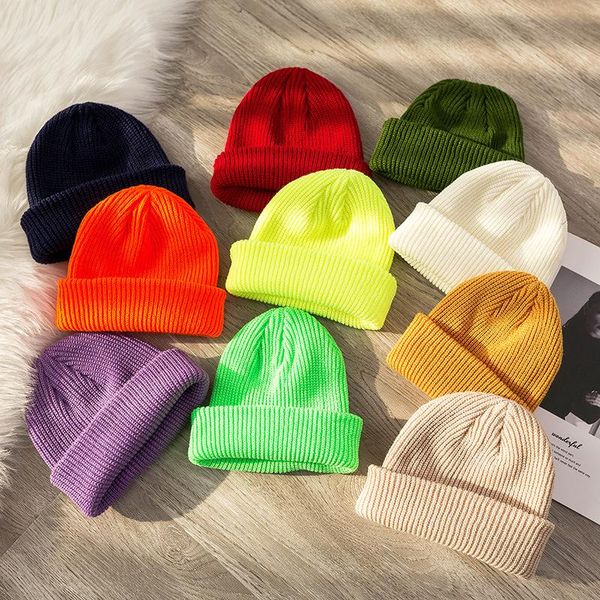

beanies knitted men 2021 hat woman warm windproof fashion pure color hiking turnup cap autumn winter acrylic wool cycling run beanie