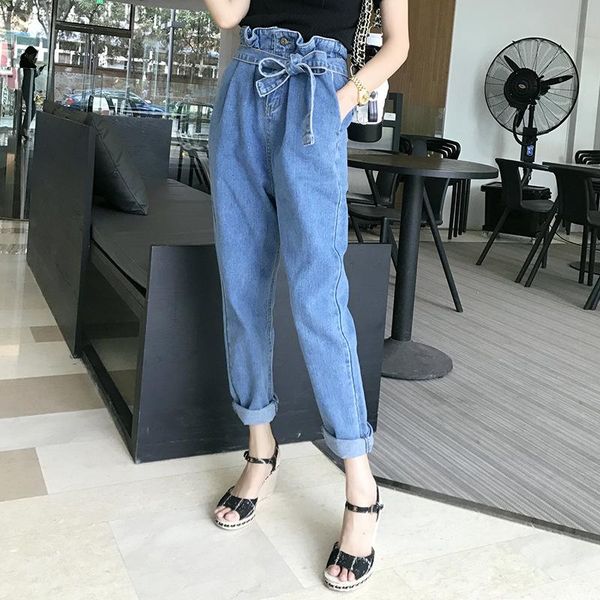 

new student jeans fashion women retro lace high waist wide legs long pants, Blue