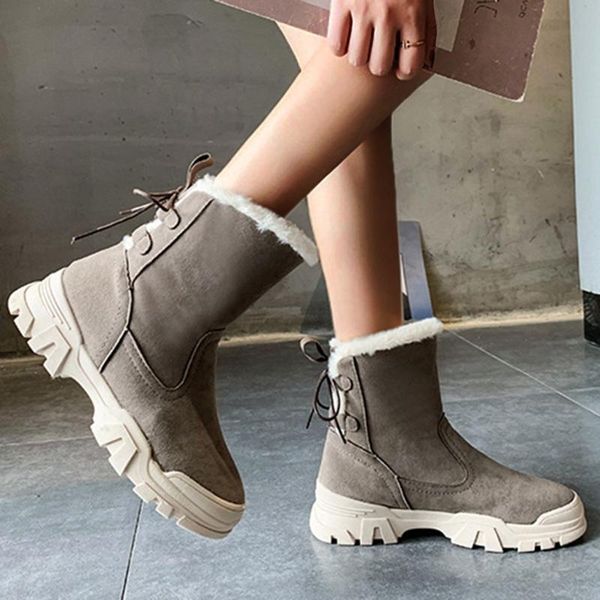 

boots women ankle heels winter flock warm short plush solid basic platform soft back tie lining shoes woman 2021, Black