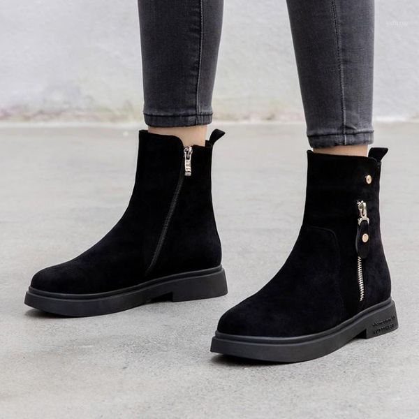 

boots big size 9 10 11 12 women shoes ankle for ladies woman winter double zipper round head flat bottom1, Black