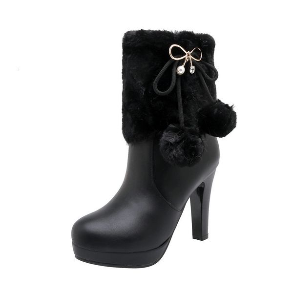 

2021 new ladies ankle for women warm winter snow boots round toe high heels dress sweet wedding shoes woman size 34-43 byq5, Black