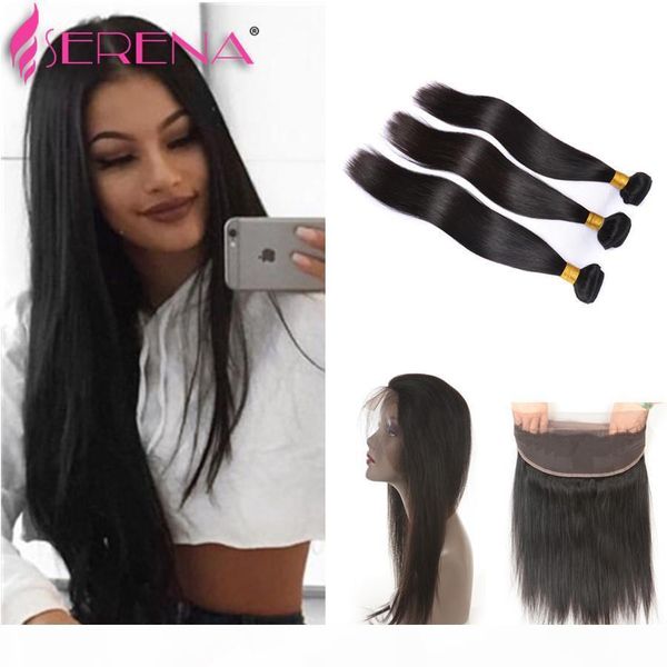

360 lace frontal with bundle pre plucked 360 frontal with bundles 8a brazilian straight virgin human hair with 360 frontal, Black;brown