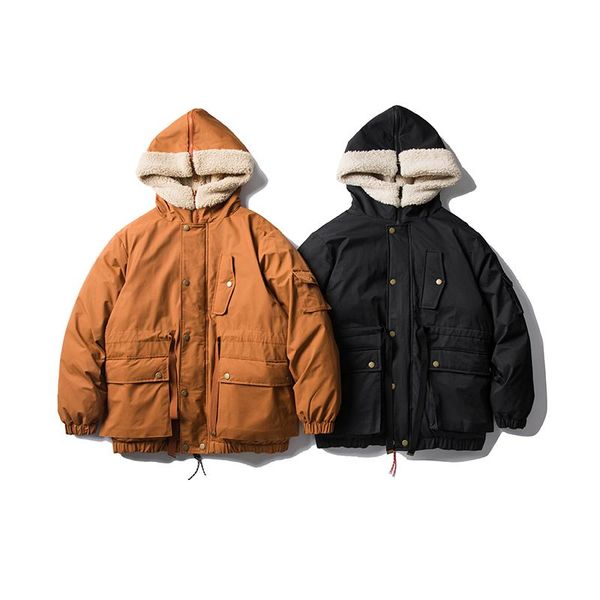 

men winter faux lambswool splice thicken warm hooded parkas jacket outerwear male streetwear vintage loose coat overcoat, Black