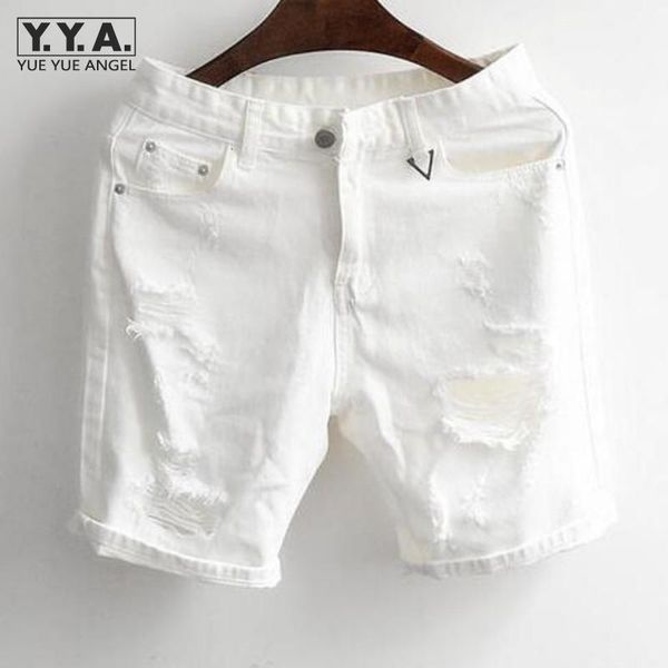 

brand vintage mens summer denim shorts black white classic trousers big hole cotton shorts knee length jeans, Blue