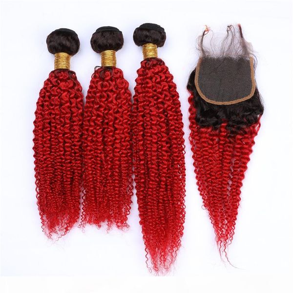 

virgin malaysian human hair bright red ombre kinky curly bundles 3pcs with closure 4pcs lot #1b red ombre 4x4 lace closure with weaves, Black;brown