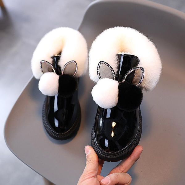 

boots rabbits ears girls winter warm fur shoes for girl baby snow kids plus velve footwear sp094, Black;grey