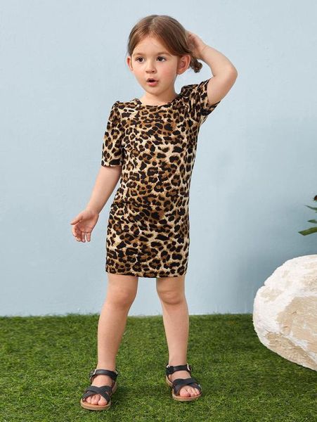 

toddler girls leopard print puff sleeve fitted dress she, Red;yellow