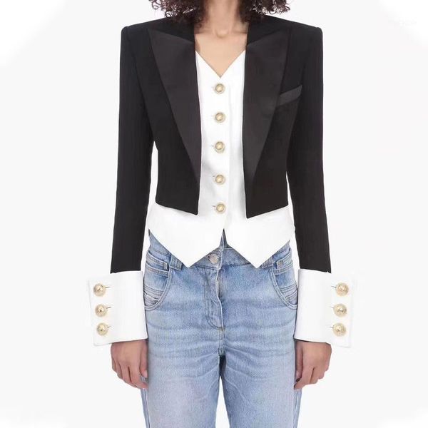 

women fashion short blazer suit female black and white slim long sleeve formal office lady gold buttons blazer trench jacket1, White;black