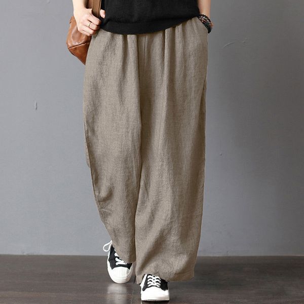 

plus size cotton linen pants women spring high waist wide leg pants casual summer trousers loose women's pants streetwear lj201201, Black;white