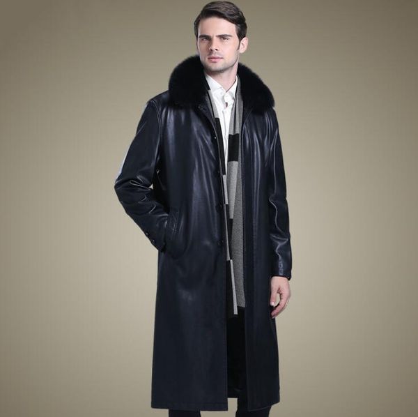 

men's fur & faux winter motorcycle long leather coat men trench black collar middle-aged mens jackets and coats biker b399