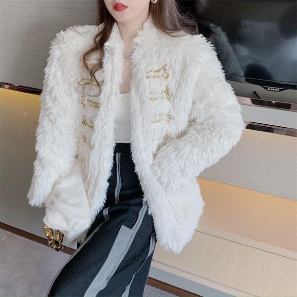 

women's fur & faux lucyever pearl buckle coat women fashion 2021 winter thick warm furry coats woman korean style pockets jackets femal, Black