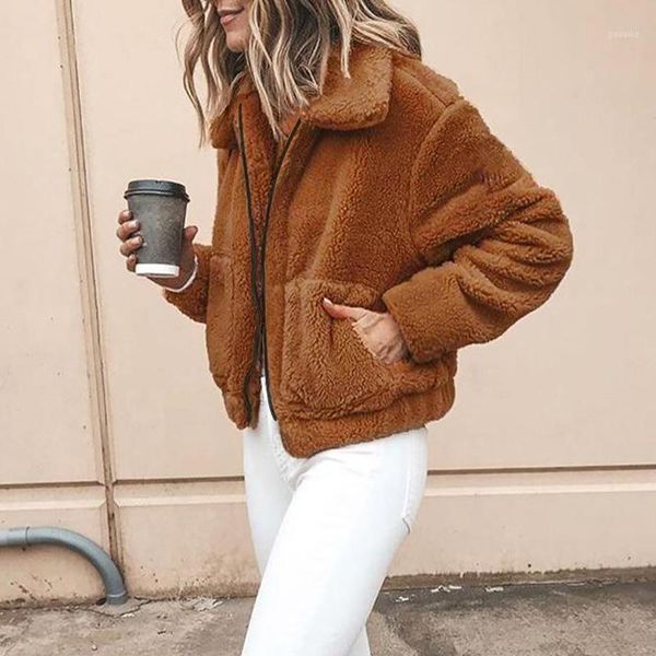 

plus size 3x lamb jacket women faux fur coat lapel long sleeve zipper casual winter autumn warm outerwear pockets short, Black