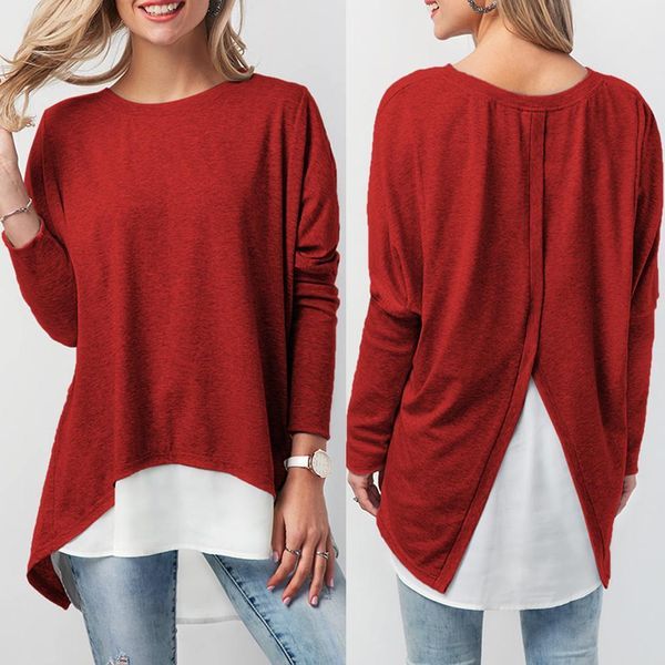 

plus size women casual long sleeve o neck color block irregular hem loose blouse, White