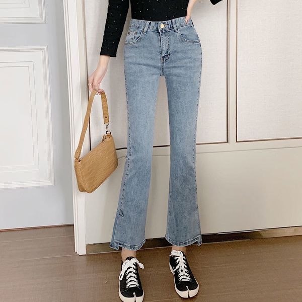 

new jeans women's high waist was thin and wide slim irregular legs wild stretch nine points micro-flared pants, Blue