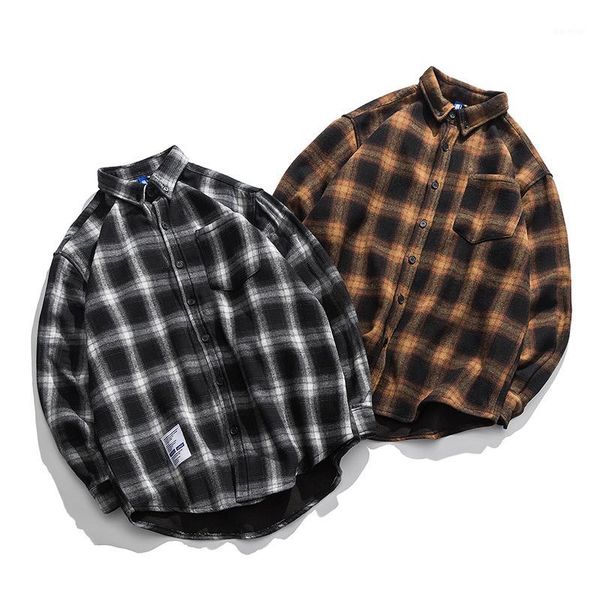 

winter japanese style grid shirts harajuku coat kpop fashion men loose long sleeve blouse hip hop shirt boy modis casual male1, White;black