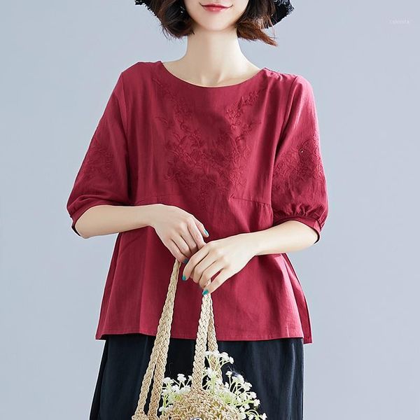 

women blouse solid color embroidery short-sleeve o-neck female clothes cotton linen loose casual women 1, White