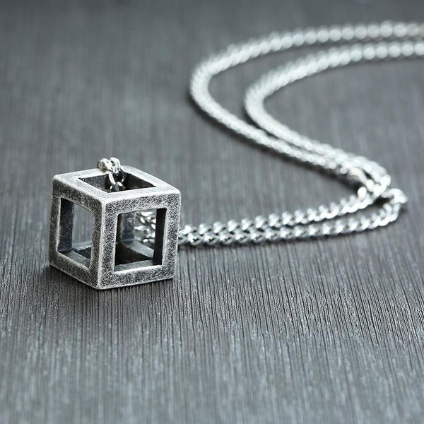 

vnox retro hollow cube pendant for men stainless steel square vintage necklace punk geometric collier 24" chain, Silver