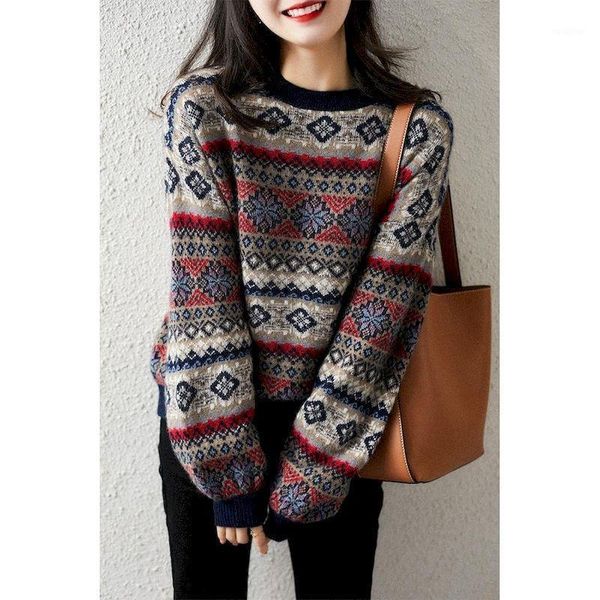 

round neck pullover women sweater outer wear knitted bottoming shirt winter 2020 retro jacquard long warm thick oversize 1, White;black