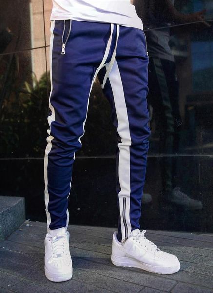 

mens joggers pants gyms sportswear tracksuit bottoms skinny sweatpants trousers male stripe jogging sports casual pants, Black