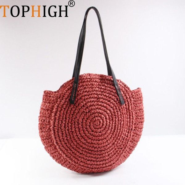 

igh women large big circle straw bag fashion beach handbags travel shoulder bags red apricot casual bag