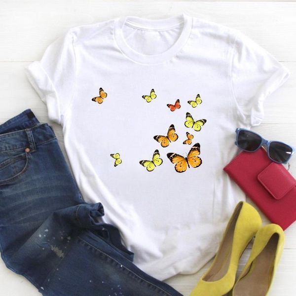 

women butterfly printed cartoon style fashion print summer t tee ladies female tshirt womens shirt clothes graphic t-shirt, White