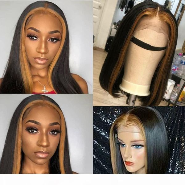 

13*6 lace front human hair wigs for women highlight wig brazilian remy honey blonde ombre short bob lace front wigs, Black;brown