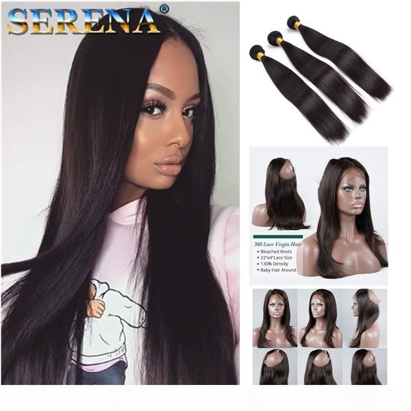 

pre plucked 360 lace frontal closure with bundles 3 pcs malaysian virgin hair with 360 closure lace frontal straight black hair extension, Black;brown