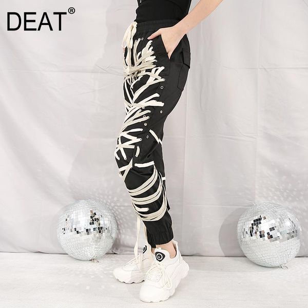 

deat 2020 autumn elastic drawstring cross full length slim feet high street pants female trousers and single breasted jacket, Black;white