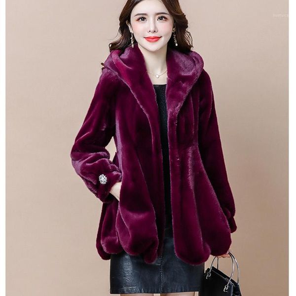 

mink coat female mid-length new winter coat hooded warm fur loose plus size women fur luxury jacket1, Black
