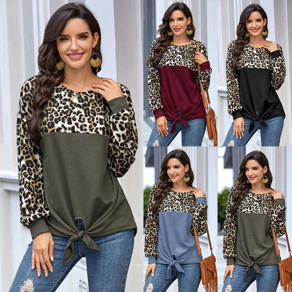 

2020 women's leopard long sve knotted t-shirt, Black;gray