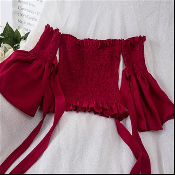 

blouse strapless cropped off shoulder chiffon bow lacing up sleeve yellow blouse long sleeve short pz122, White