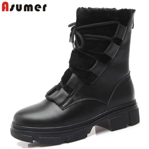 

asumer snow boots 2021 новейшая натуральная кожаная обувь женская зимняя толстая нижняя повседневная обувь мода теплые ботинки лодыжки женщи, Black