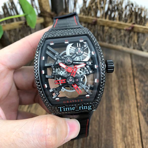 

edition v 45 t sqt skeleton dial black diamond case automatic mechanical movement mens watch leather strap business designer watches, Slivery;brown