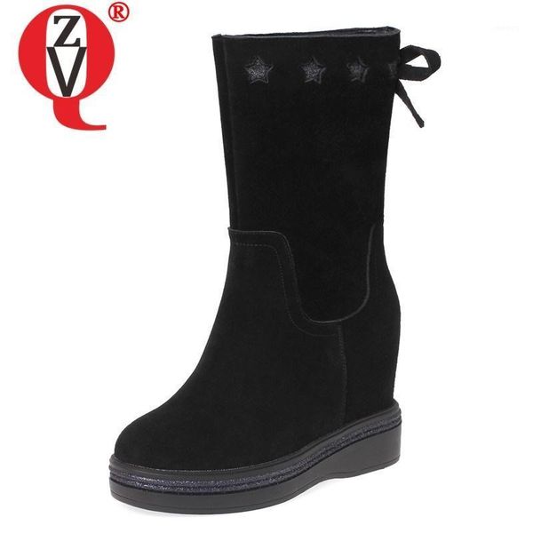

zvq winter concise casual mid calf boots outside super high heels platform round toe cow suede women shoes drop shipping1, Black